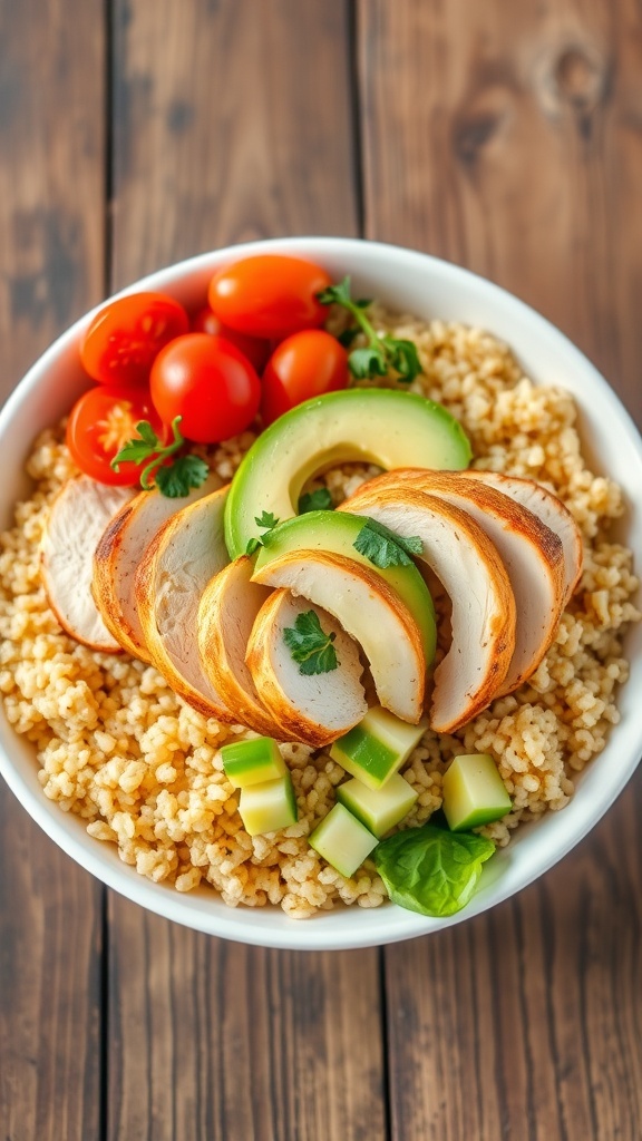 Grilled Chicken and Avocado Quinoa Bowl A colorful quinoa bowl with grilled chicken, avocado, cherry tomatoes, and cucumber on a wooden table.
